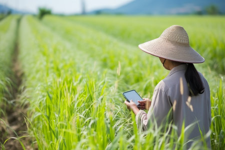 Asian woman farmer in traditional hat using digital tablet in green agricultural fieldの素材