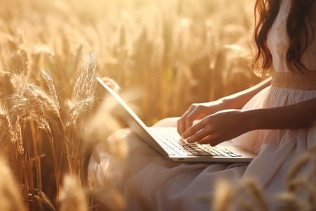 Girl farmer using laptop in agricultural wheat field at sunset. modern farming technology conceptの素材