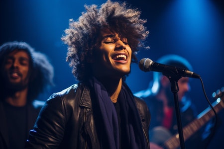 young attractive african american man singing in microphone at stage, closeup on faceの素材
