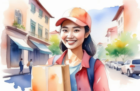 asian delivery girl smiling, holding package and walking at city street, watercolor illustrationの素材