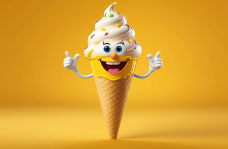 funny ice cream cone cartoon character with smiling face and arms on solid yellow backdrop, dessertの素材