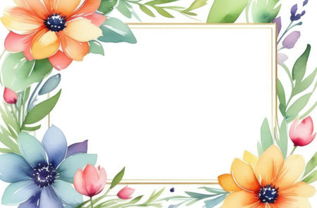 field flowers mockup, watercolor illustration. floral frame with copyspace on white background.の素材