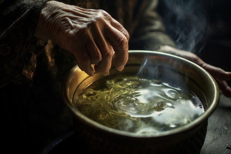 Closeup of sinister old woman brewing magical potion in bubbling cauldron at nightの素材