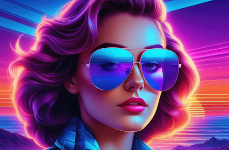 stylish girl in sunglasses at sunset with 80s retro vibe. 3D virtual reality landscape in 1980s styleの素材
