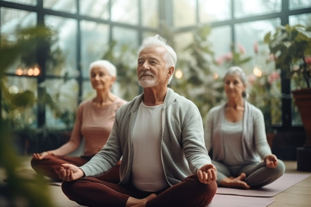group of elderly caucasian people in sportswear meditating in lotus position at yoga classの素材