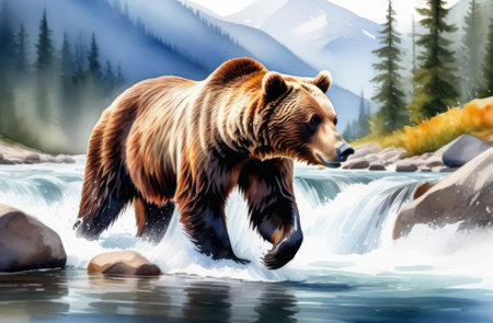 North American brown grizzly bear walks in river and catching fish, watercolor illustrationの素材