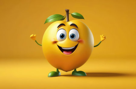 funny cute illustrated ripe apricot with arms, legs and smiling face on yellow backgroundの素材