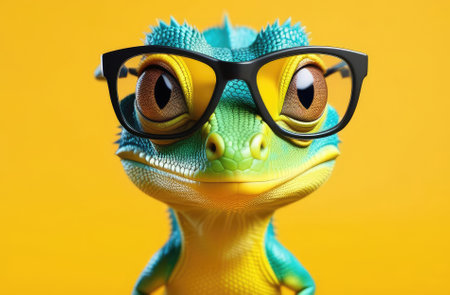 cute reptile wearing glasses against solid yellow backdrop. lighthearted lizard illustrationの素材