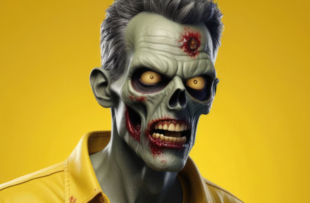terrifying zombie Halloween concept. horror movie scene, 3d Illustration on yellow backgroundの素材
