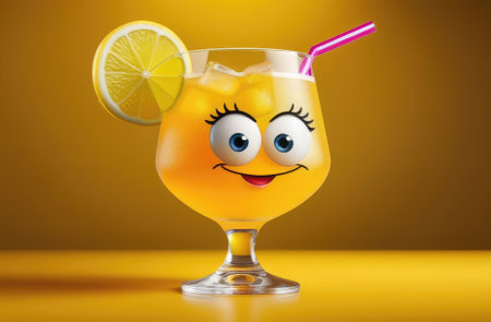 funny cute illustrated cocktail glass with smiling face, straw and ice cubes, fruity beverage.の素材