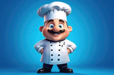 3d illustration of cute male chef cook smiling on blue backdrop. professional culinary conceptの素材