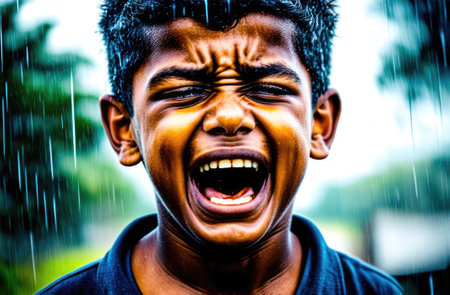 upset Indian teenager screaming, crying outdoors. shock and emotional breakdown, depression.の素材