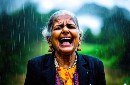 emotional breakdown, shock. depressed senior Indian woman screaming, crying at street under rain.の素材