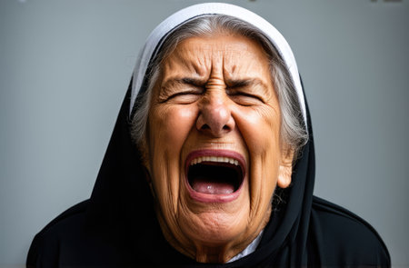 upset Caucasian old nun screaming, crying in pain. shock and emotional breakdown, depression.の素材