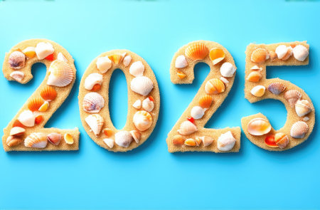 number 2025 crafted from seashells on blue background. beach and tropical new year celebration.の素材