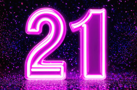 3d neon number twenty one on dark background with confetti falling. birthday celebration.の素材