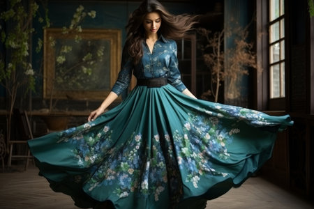 Beautiful dark-haired woman in traditional floral pattern dress dancing in colorful festive attireの素材