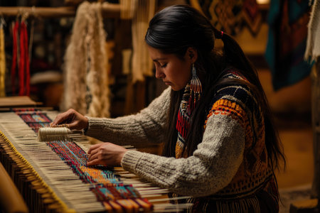 female weaver at work on traditional loom, surrounded by colorful threads, native american heritageの素材