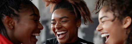 Joyful group of african american female friends laughing together, closeup bannerの素材