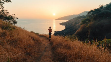 Serene sunrise run by coastline with scenic views.の素材