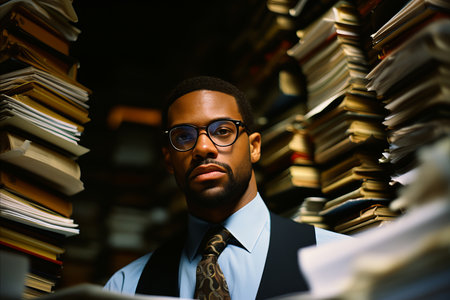 A contemplative man in a library setting, engulfed by stacks of books.の素材