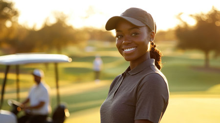young smiling african american female golfer enjoys sunny day on course at sunset, bannerの素材