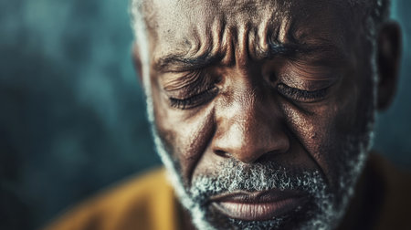 emotional expression of sorrow, sadness in black and white portrait of African American senior manの素材
