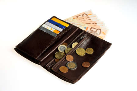 Wallet with credit cards and money. Fifty euros and cents