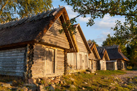 Old wooden boathouse  at sunset light in nature. Natural environment background. Altja, Lahemaa, Estonia, Europeの写真素材
