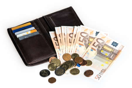 Wallet with credit cards and money. Fifty euros and cents