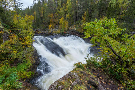 Cliff, stone wall, forest, waterfall and wild river view in autumn. Fall colors - ruska time in Myllykoski. One part of Karhunkierros Trail. Oulanka National Park in north Finland. Lapland, Europeの写真素材