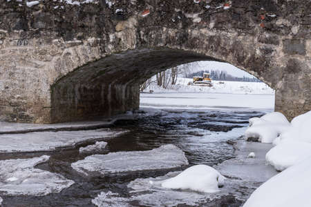 Bridge and river landscape. Natural winter background pattern