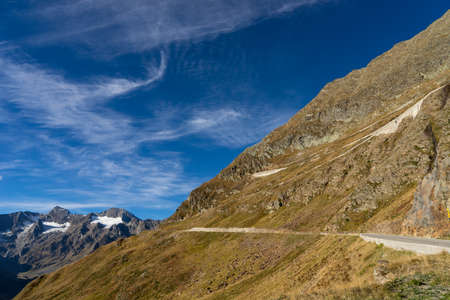 Mountains, peaks and trees landscape, natural environment. Timmelsjoch High Alpine Road. Passo del Rombo, the highest pass of the Eastern Alps. Ãtztal valley, Tyrol, Austria, Europeの写真素材