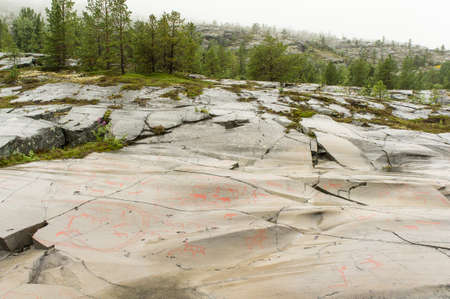 Rock art in Alta Fjord, Norway. Ancient symbols, real drawing,  texture in stone. Red ocher paint. Human preys on animals deer.  Group of petroglyphs, dating from c. 4200 to 500 B.C.の写真素材