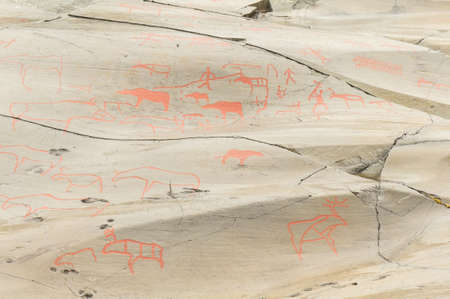 Rock art in Alta Fjord, Norway. Ancient symbols, real drawing,  texture in stone. Red ocher paint. Human preys on animals deer.  Group of petroglyphs, dating from c. 4200 to 500 B.C.のeditorial素材