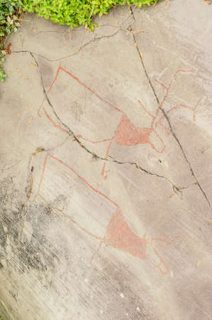 Rock art in Alta Fjord, Norway. Ancient symbols, real drawing,  texture in stone. Red ocher paint. Human preys on animals deer.  Group of petroglyphs, dating from c. 4200 to 500 B.C.のeditorial素材