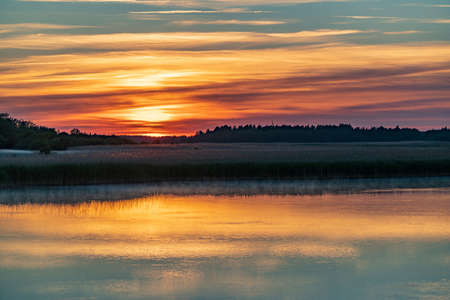 Evening sunlight on coast, pink clouds, blue sky reflection on water. Beach in summer. Seaside natural environment. Shore in Laelatu, small island in Estonia. Nature Reserve in North Europeの写真素材