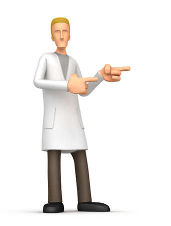 Cartoon scientist on a white background ambitious to promote your product. Next you can place the information you need or objectの写真素材