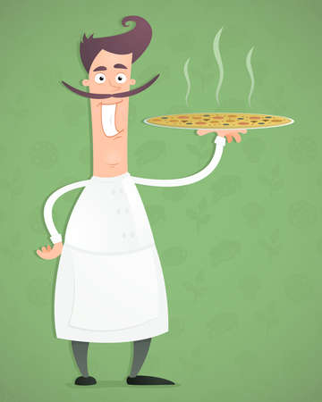Illustration of an cartoon happy chef with pizza in his hand.のイラスト素材