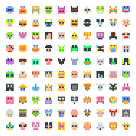 large set of pixel faces. 100 faces setのイラスト素材