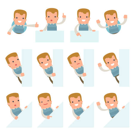 Set of Funny and Cheerful Character Family man holds and interacts with blank forms or objects for using in presentations, etc.のイラスト素材