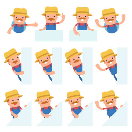 Set of Funny and Cheerful Character Farmer holds and interacts with blank forms or objects for using in presentations, etc.のイラスト素材