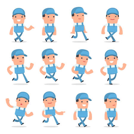 Set of Funny and Cheerful Character Repairman goes and runs poses for using in presentations, etc.のイラスト素材