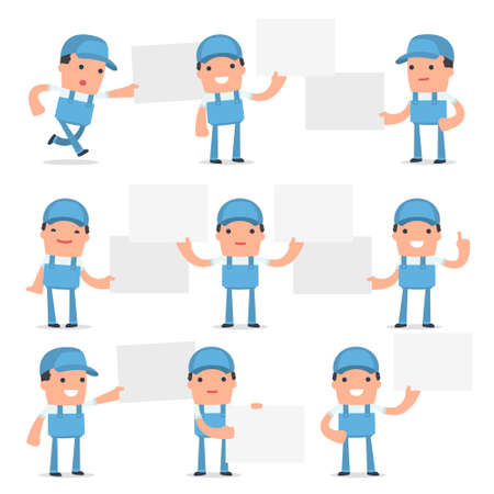 Set of Funny and Cheerful Character Repairman holds and interacts with blank forms or objects for using in presentations, etc.のイラスト素材