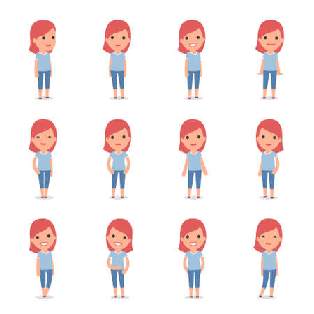 Set of Smart and Cute Character Family Girl making Presentation for using in Design, etc.のイラスト素材