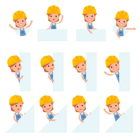 Set of Smart and Cute Character Builder Girl making Presentation for using in Design, etc.のイラスト素材