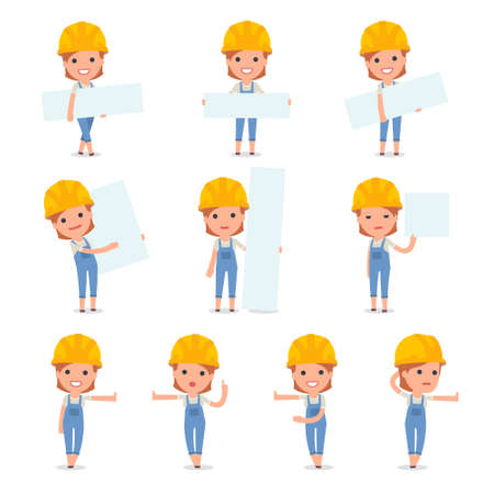 Set of Smart and Cute Character Builder Girl making Presentation for using in Design, etc.のイラスト素材