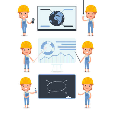 Set of Smart and Cute Character Builder Girl making Presentation for using in Design, etc.のイラスト素材