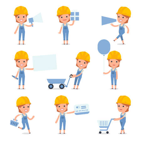 Set of Smart and Cute Character Builder Girl making Presentation for using in Design, etc.のイラスト素材