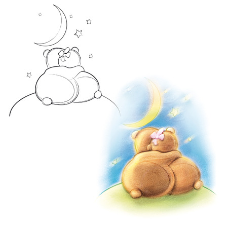 Couple in love under the moon teddy bears. Drawing bear.の写真素材